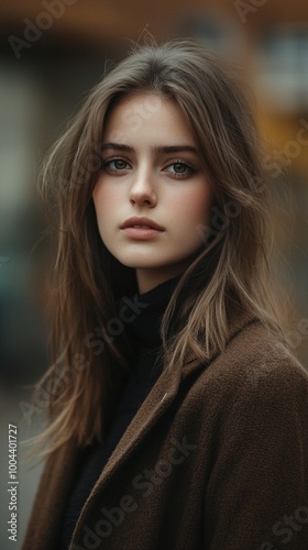 Captivating portrait of a young woman with long brown hair and striking green eyes, wearing a black turtleneck and brown coat, gazing intently at the camera.