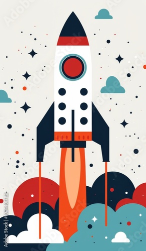 Colorful Rocket Launching Into Space With Planets And Stars