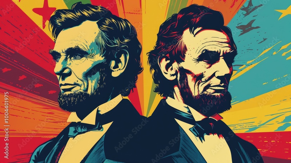 Abstract portrait of Abraham Lincoln in a vibrant, colorful style. The image features two versions of Lincoln, creating a dynamic and intriguing composition. Abstract portrait of Abraham Lincoln in a vibrant, colorful style. The image features two versions of Lincoln, creating a dynamic and intriguing composition.