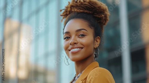 Woman smiling warmly outdoors with a modern building backdrop during golden hour