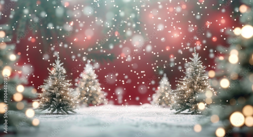 Snow-Covered Christmas Trees With Bokeh Lights in Winter Wonderland Snow-Covered Christmas Trees With Bokeh Lights in Winter Wonderland
