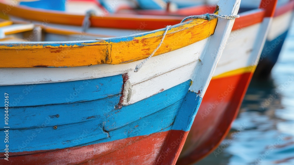 Fototapeta premium Colorful traditional boats line the waterfront at a serene harbor during the golden hour of sunset in a coastal village