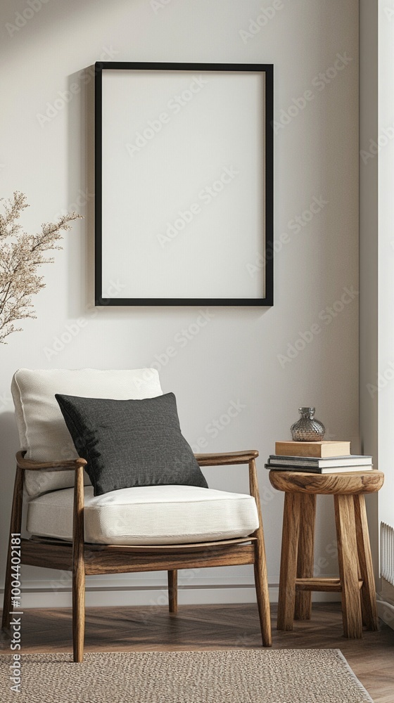 Minimalist living room corner with empty black frame, mid-century armchair, and wooden side table. Neutral tones create a serene, inviting atmosphere. Minimalist living room corner with empty black frame, mid-century armchair, and wooden side table. Neutral tones create a serene, inviting atmosphere.
