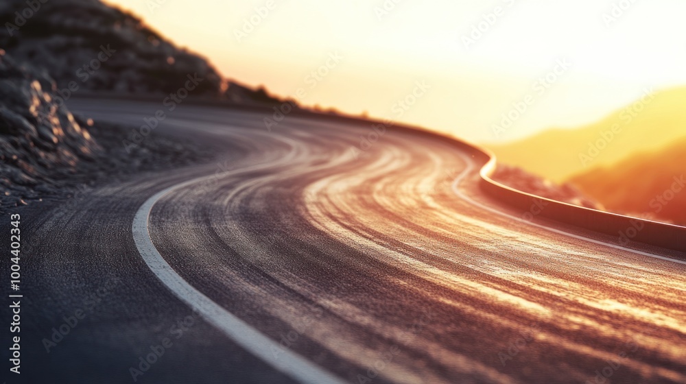 A winding road through a scenic landscape at sunset. A winding road through a scenic landscape at sunset.