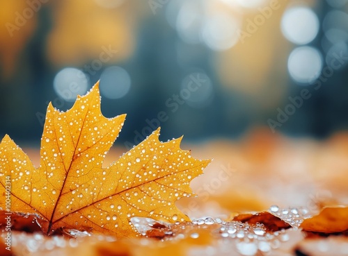 Autumn leaves covered in dew on a dark surface in a serene morning setting
