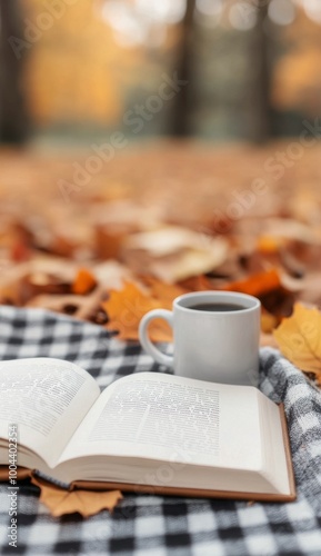 Cozy reading with a warm drink in a park filled with autumn leaves during the...