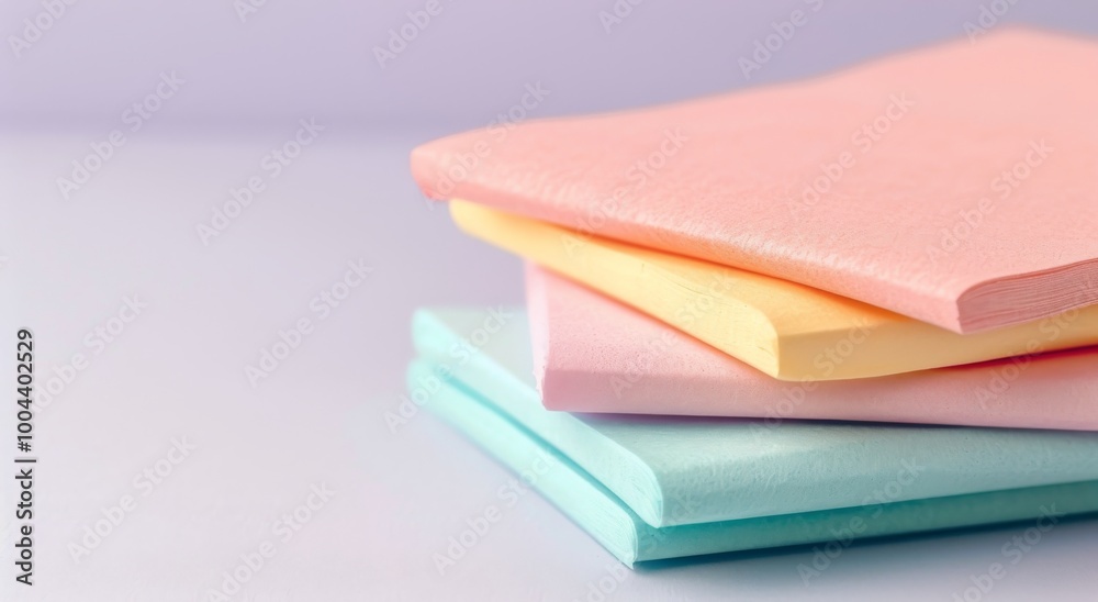 Colorful Stacked Sticky Notes on a Soft Purple Table With a Gradient Background