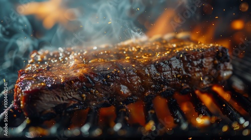 Juicy Steak Grilling Over Flames at Night