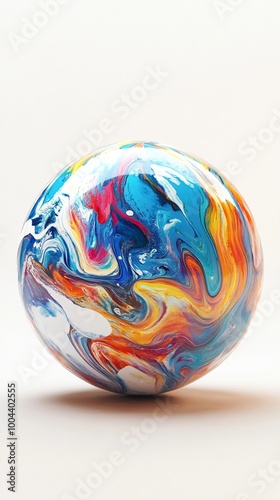 Vibrant swirls of blue, red, and orange paint blend together on a white spherical surface, creating a mesmerizing abstract marble effect reminiscent of Earth.