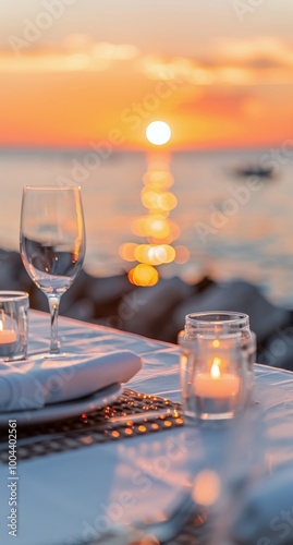 Romantic Sunset Dining Experience by the Beach With Wine Glasses and Candles