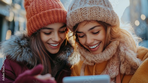 Friends enjoying a winter day outdoors, sharing laughter while looking at a s...