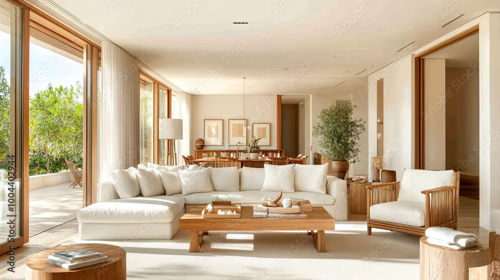 Fototapeta premium A bright and airy living room featuring spacious white sectional sofa, wooden furniture, and large windows that invite natural light. serene atmosphere is enhanced by greenery visible outside