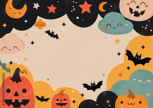 Halloween Night Sky With Pumpkins and Bats