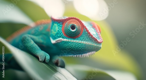 Colorful lizard close-up with intricate patterns and bright hues on a neutral...