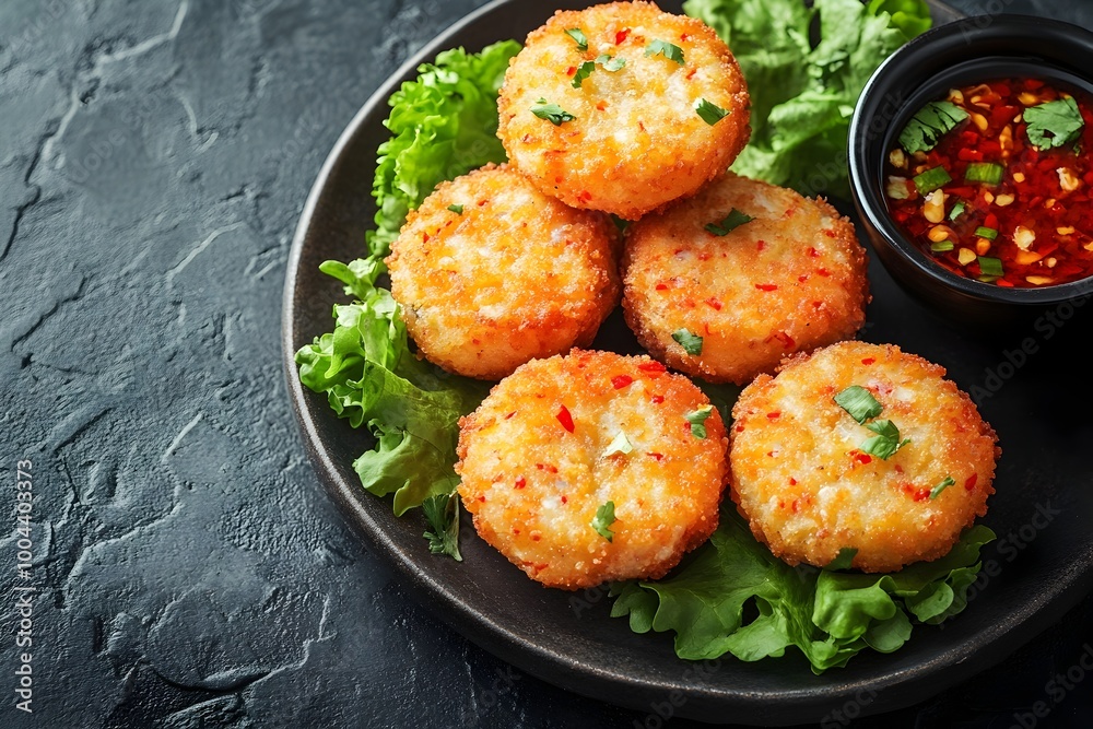 Vibrant Fried Fish Cakes with Bold Chili Dipping Sauce in Stylized Pop Art Presentation Vibrant Fried Fish Cakes with Bold Chili Dipping Sauce in Stylized Pop Art Presentation