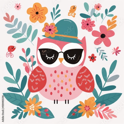 Cute Pink Owl Wearing Glasses and Beanie Surrounded by Floral Elements