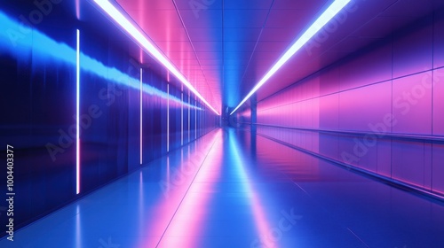 Vibrant corridor illuminated by neon blue and pink lights in a modern urban setting at nighttime