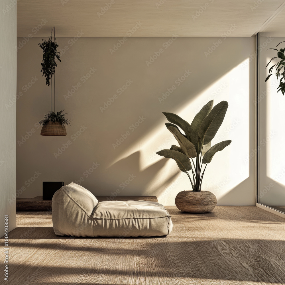 A serene interior space featuring cozy, beige lounge chair and large potted plant. Soft sunlight casts gentle shadows, creating calm and inviting atmosphere A serene interior space featuring cozy, beige lounge chair and large potted plant. Soft sunlight casts gentle shadows, creating calm and inviting atmosphere