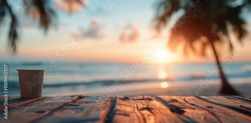 Sunset Over Sandy Beach With Palm Tree and Wooden Deck