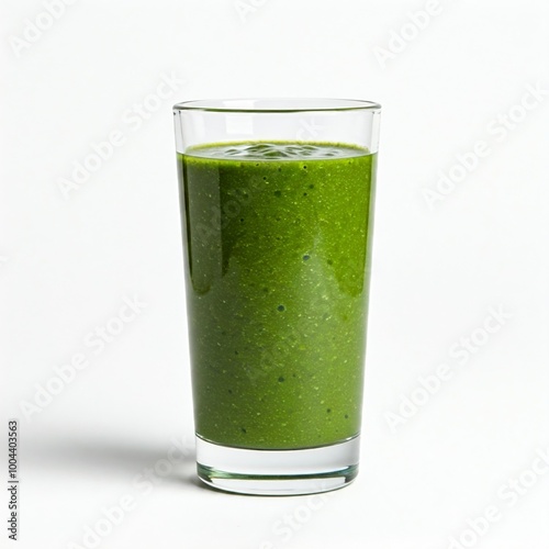 A glass of thick green smoothie made with spinach, banana, and other healthy ingredients. The white background emphasizes the bright, natural green color of the smoothie and its health-conscious appea