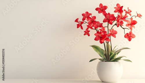 Red Orchid in a White Pot Against a Minimalist Background