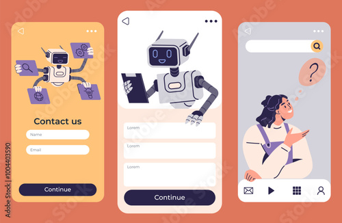 Three mobile app screens with robots assisting users in contact forms and browsing. Includes a search page, contact form, and chatbot interaction screen. Ideal for tech, communication, customer photo