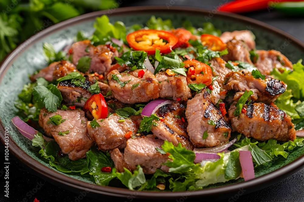 Vibrant Grilled Pork Salad with Herbs and Chili in Bold Pop Art Style
