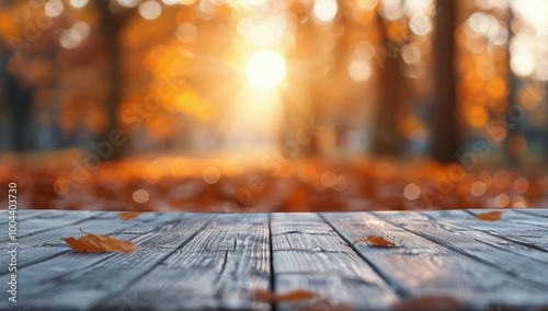 Autumn Leaves Glowing in Sunset Light at a Wooden Table in a Forest