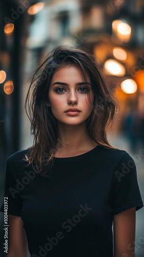 Captivating portrait of a young woman with flowing dark hair, intense gaze, and flawless complexion against a blurred urban backdrop with warm glowing lights.