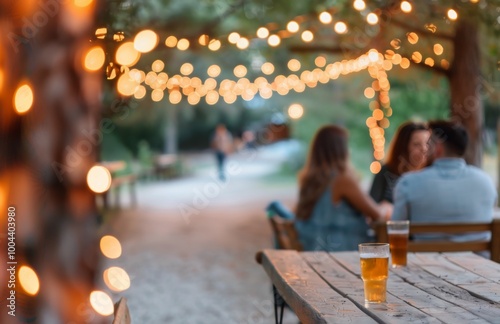 Evening Gathering at a Park With String Lights and Refreshments