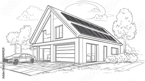 A technical drawing of an eco-friendly house with solar panels on the roof, a garage, and a car