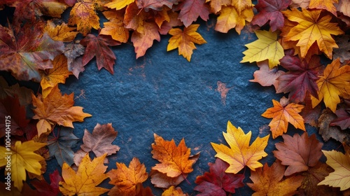 Autumn leaves arranged on a blue background for seasonal decoration