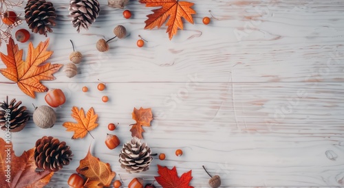 Autumn Leaves and Pinecones on Wooden Table