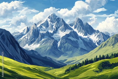 Majestic Mountain Range with Snow-Capped Peaks and Lush Green Hills