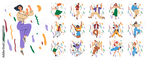 Celebration concept. A diverse group of people enjoying themselves, dancing, and jumping surrounded by colorful confetti. Ideal for party themes, multiculturalism, celebrations, joy, and festivals