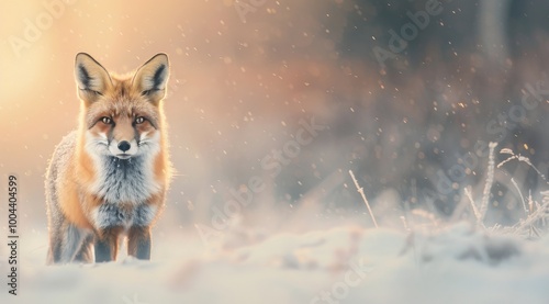 Red Fox in Frosty Winter Landscape During Golden Hour
