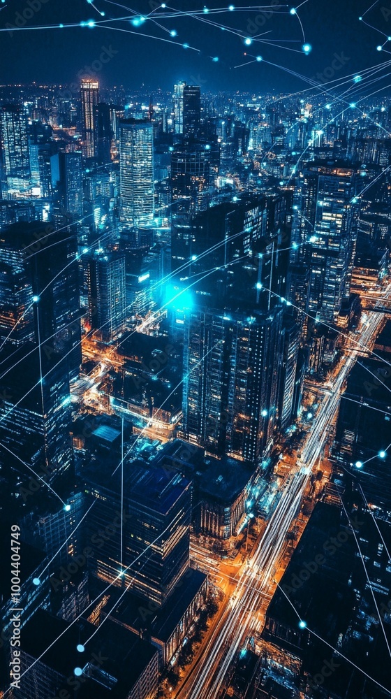 Futuristic cityscape at night with glowing network connections overlaid, showcasing a vibrant metropolis of skyscrapers and illuminated streets from above. Futuristic cityscape at night with glowing network connections overlaid, showcasing a vibrant metropolis of skyscrapers and illuminated streets from above.