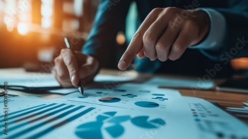 Business professional analyzing financial data with charts and graphs in a modern office during the afternoon