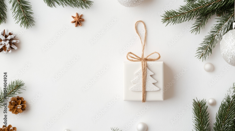 A beautifully wrapped Christmas gift sits elegantly among festive decorations, including pine branches, ornaments, and natural elements, creating warm holiday atmosphere A beautifully wrapped Christmas gift sits elegantly among festive decorations, including pine branches, ornaments, and natural elements, creating warm holiday atmosphere