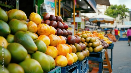 A vibrant market display featuring various fruits stacked in crates.