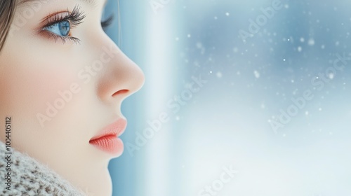 Close-up of a woman’s face with soft focus and natural light during a serene ...