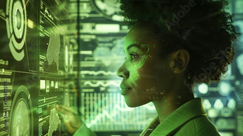 A woman is looking at a computer screen with a green background