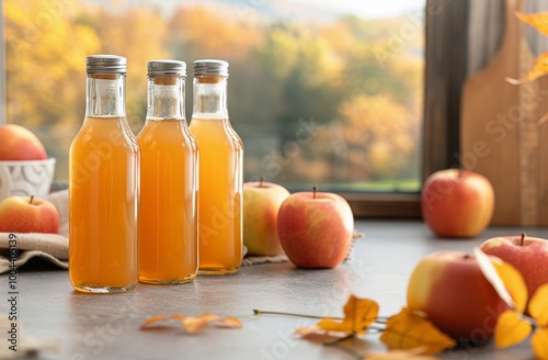 Freshly Bottled Apple Juice With Autumn Leaves and Apples on a Rustic Table
