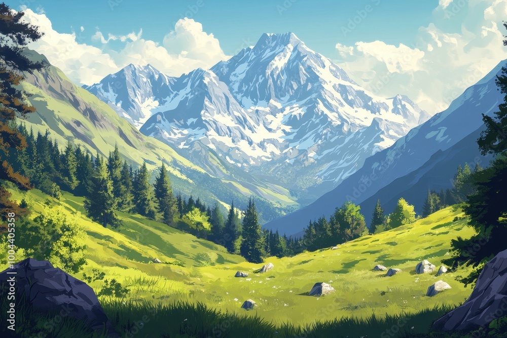 Mountainous Landscape with Snow-Capped Peaks and Lush Valley Mountainous Landscape with Snow-Capped Peaks and Lush Valley