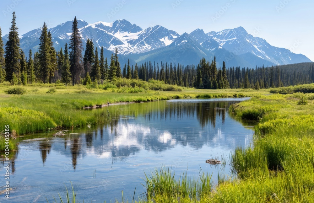 Serene Mountain Landscape With Reflection in Calm River Under Clear Blue Sky Serene Mountain Landscape With Reflection in Calm River Under Clear Blue Sky