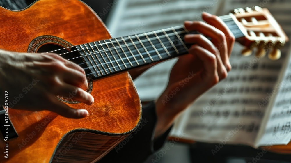 Fototapeta premium Close-up of a hand playing a guitar with sheet music in the background.