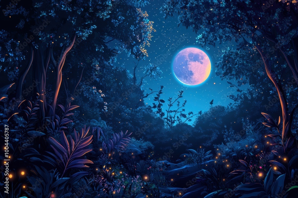 Moonlit Forest with Fireflies and Stars Moonlit Forest with Fireflies and Stars