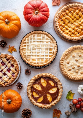 Autumn dessert display featuring various homemade pies and seasonal decorations