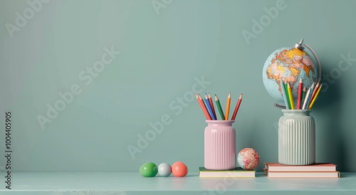 Colorful Office Supplies Next to a Globe on a Desk With a Green Background