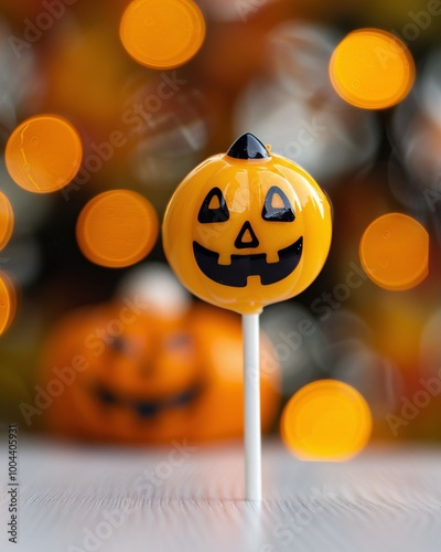 Halloween Pumpkin Lollipop With Jack-O'-Lantern Face Against Blurred Festive ...